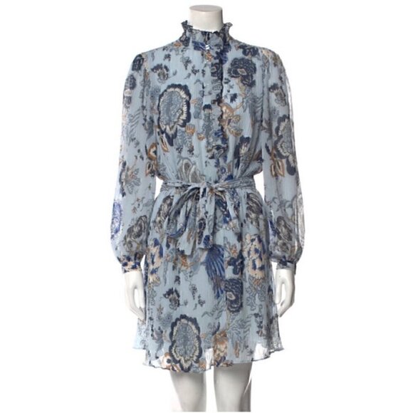 Tory Burch Deneuve Paisley Dress Size 0 Blue Crinkle Floral Ruffle Long Sleeve - Picture 1 of 14
